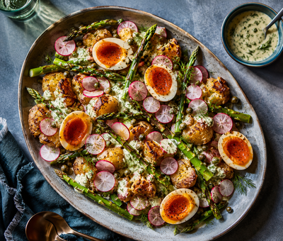 Crispy Smashed New Potatoes with Asparagus, Jammy Eggs & Pickled Radish