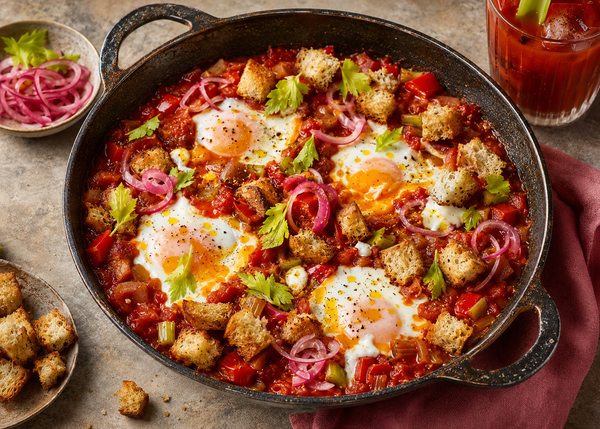Spicy Bloody Mary eggs with a crunch