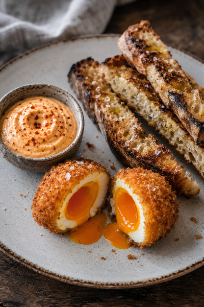 Crispy Parmesan Eggs with Fenton Farm Smoked Chilli Mayonnaise